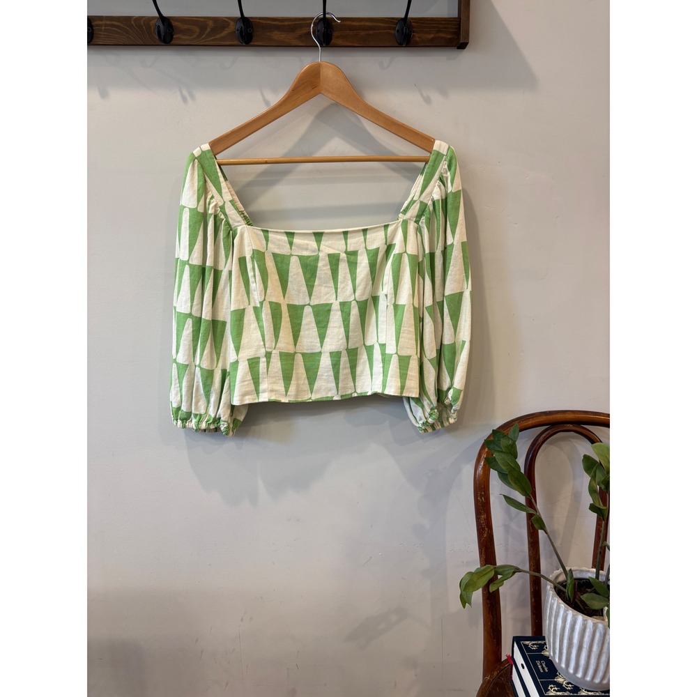 Maison d'Amelie Paris Green & White Geometric Linen Blend Puff Sleeve Crop Top